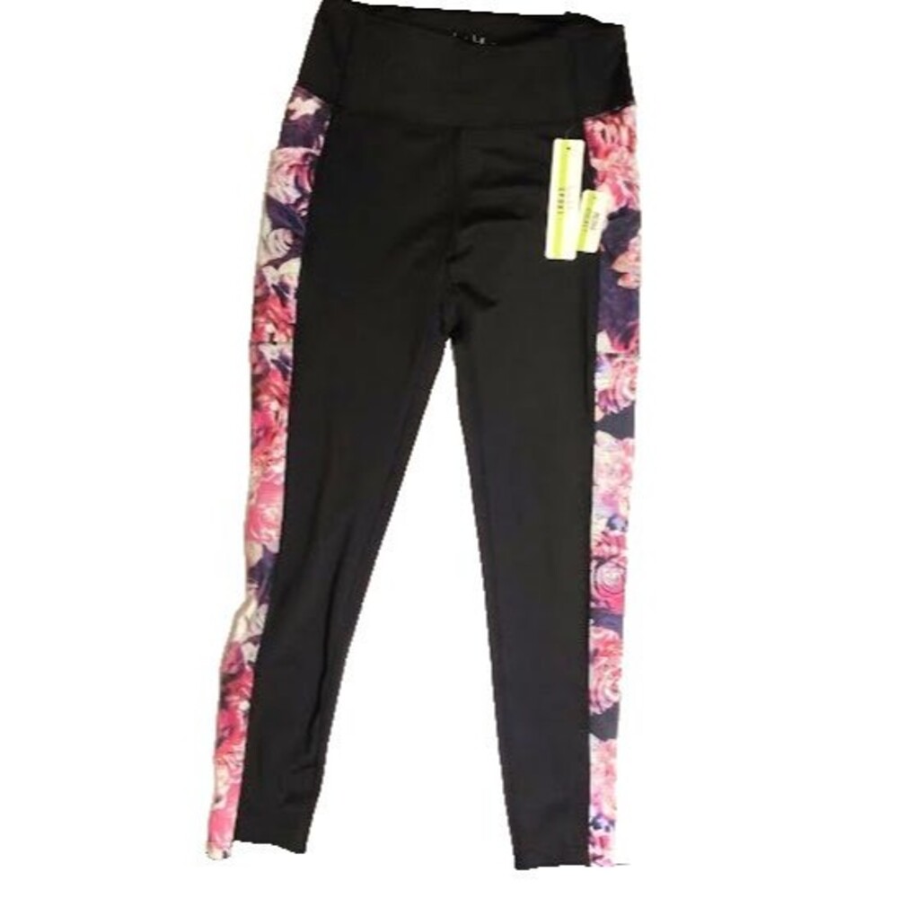 NEW Nicole Miller NM Sport Black Pink Roses Berry Leggings L Tags Media Pocket